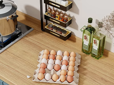 Kitchen Counter With Egg Tray Olive Oil And Spice Rack 3d model