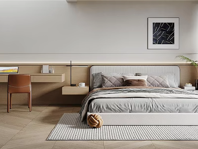 Modern Bedroom Interior Design With Gray Bed Wooden Desk Chair Striped Rug And Wall Art 3d model