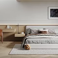Modern Bedroom Interior Design With Gray Bed Wooden Desk Chair Striped Rug And Wall Art