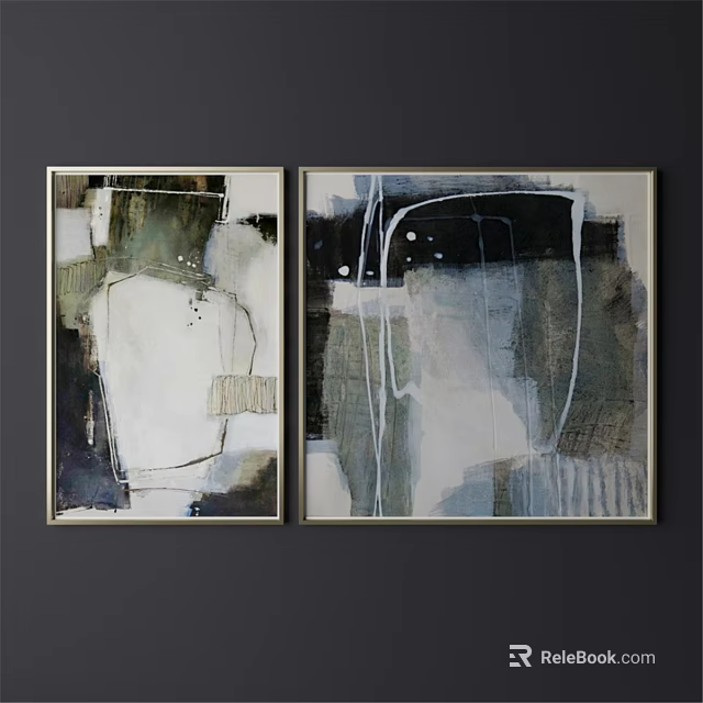 Two Modern Abstract Art Frames With Black White Gray Green Tones Mounted on Dark Wall 3d model 