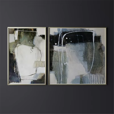 Two Modern Abstract Art Frames With Black White Gray Green Tones Mounted on Dark Wall 3d model
