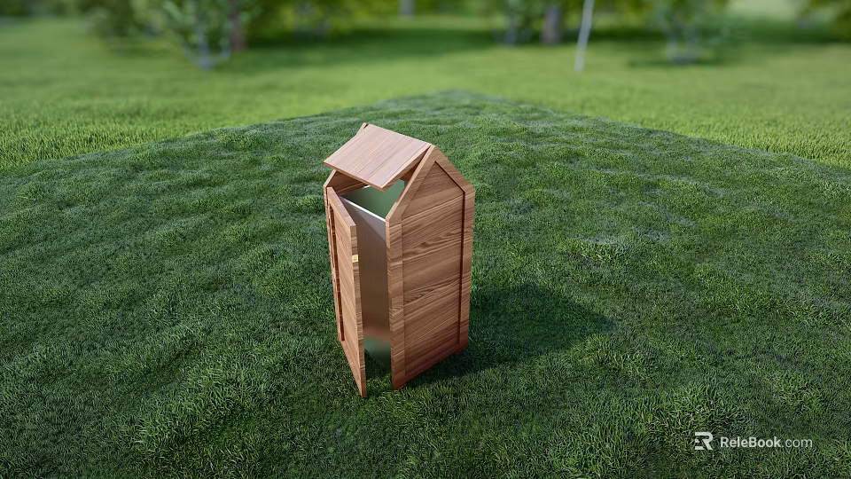 Outdoor Public Wooden Trash Bin Facility In Green Grass Area 3d model 