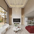 Elegant Duplex Living Room Interior With Large Windows Chandelier Sofa And Coffee Table