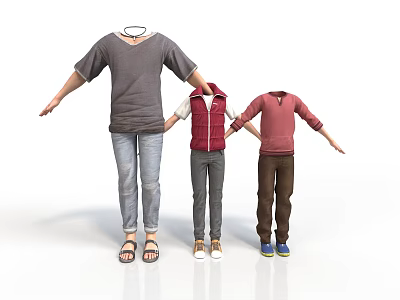 Three Mannequins Wearing Different Clothing Including T Shirt Vest Long Sleeve Shirt Pants And Shoes 3d model