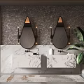 Modern Double Sink Vanity with Marble Countertop Teardrop Mirrors and Potted Plant
