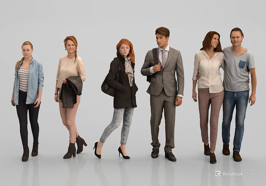 Group of People in Various Outfits Standing Together in Casual and Formal Wear 3d model 