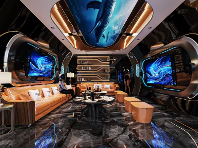 Futuristic KTV Lounge Interior With Sofas Large Screens Ocean Ceiling 3d model