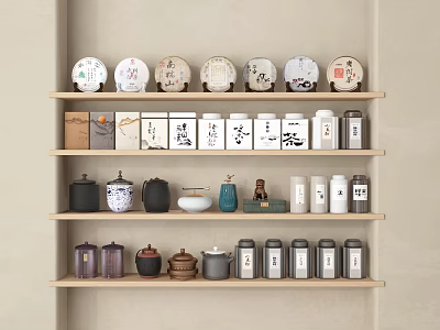 Decorative Ornaments Set on Wooden Shelves with Round Tea Cakes Boxes Jars and Small Decorative Pieces 3d model