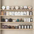 Decorative Ornaments Set on Wooden Shelves with Round Tea Cakes Boxes Jars and Small Decorative Pieces