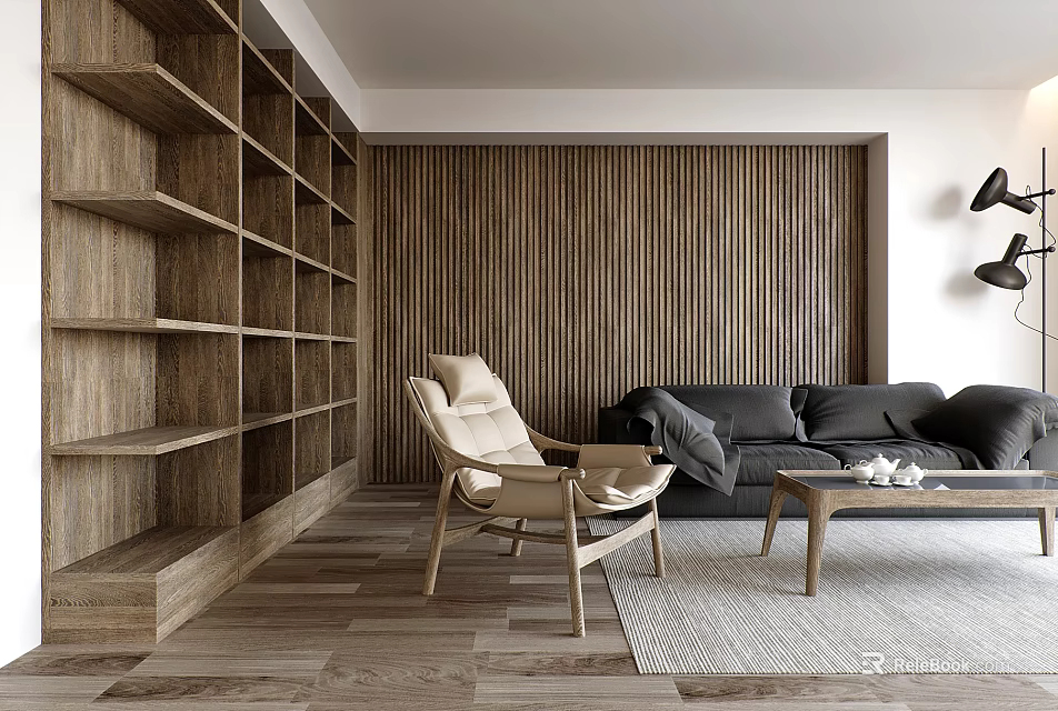 Modern Living Room With Wooden Shelves Wall Paneling Light Armchair And Dark Gray Sofa 3d model 