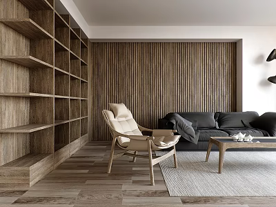 Modern Living Room With Wooden Shelves Wall Paneling Light Armchair And Dark Gray Sofa 3d model