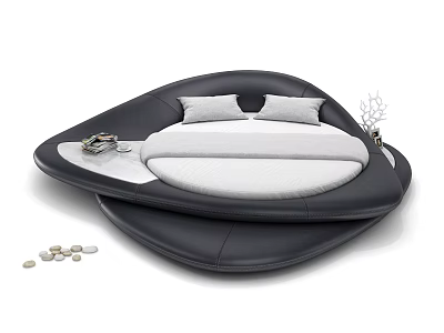 Modern Round Double Bed With Black Leather Frame White Mattress And Pillows 3d model
