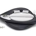 Modern Round Double Bed With Black Leather Frame White Mattress And Pillows