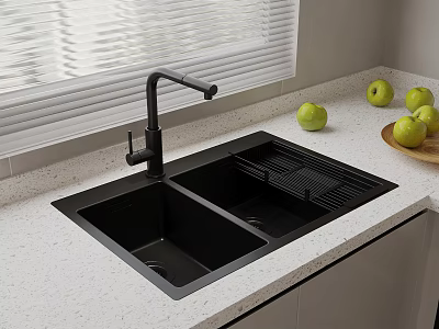 Modern Black Double Kitchen Sink On White Countertop With Faucet Green Apples And Blinds 3d model