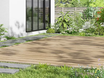 Stunning Garden Patio With Wooden Deck Green Plants Lawn And Stone Pavers 3d model