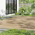 Stunning Garden Patio With Wooden Deck Green Plants Lawn And Stone Pavers