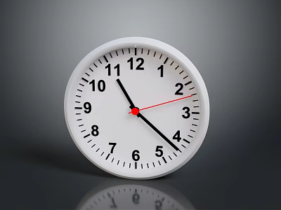 White Round Wall Clock With Black Numbers Red Second Hand And Reflection 3d model