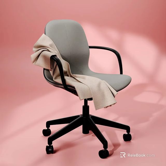 Gray Office Chair with Black Armrests Wheels and Beige Blanket on Pink Background 3d model 