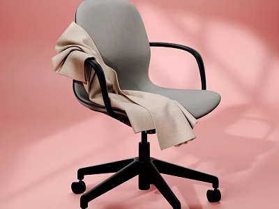 Gray Office Chair with Black Armrests Wheels and Beige Blanket on Pink Background 3d model