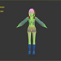Game and Movie Character With Pink Hair Blue Jacket Shorts And Gray Boots