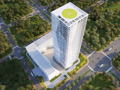 Tall Modern Building with Green Roof in Urban Area Surrounded by Trees and Roads 3d model