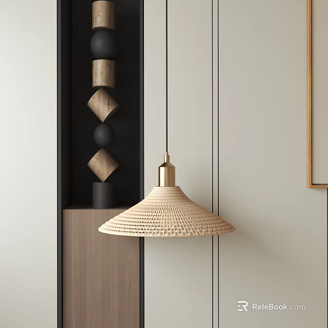 Natural Woven Pendant Light In Modern Minimalist Interior With Brass Accent And Wooden Decor 3d model 