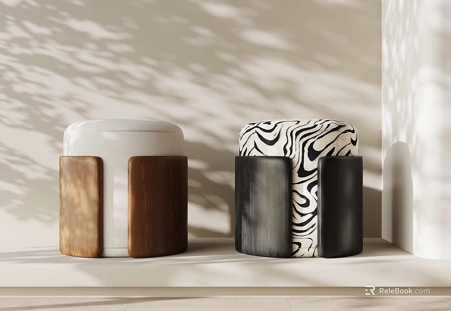 Two Modern Stools With White Brown Wooden Tops And Zebra Pattern Black Bases 3d model 