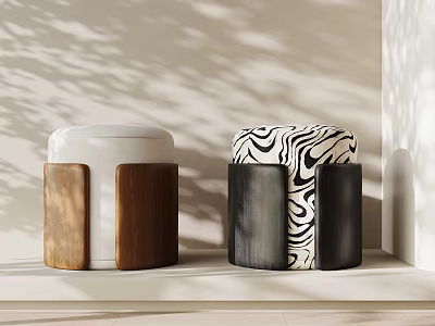Two Modern Stools With White Brown Wooden Tops And Zebra Pattern Black Bases 3d model