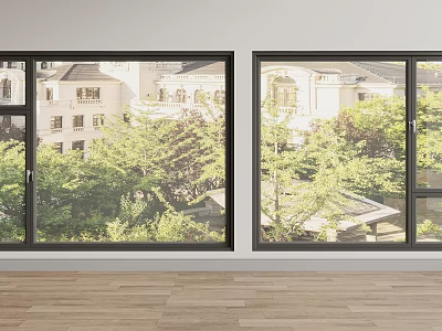 Large Floor to Ceiling Windows in Bright Interior With Green Trees View and Wooden Floor 3d model