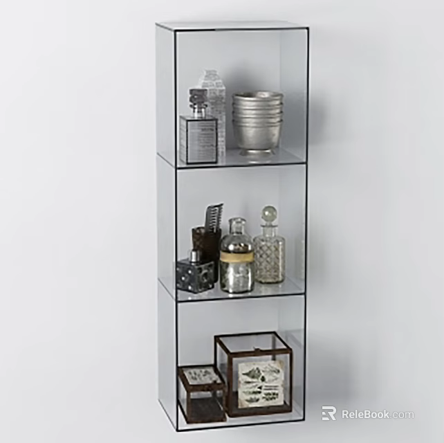 Stylish Bathroom Accessories Displayed on Glass Shelf with Perfume Bottles and Metal Containers 3d model 