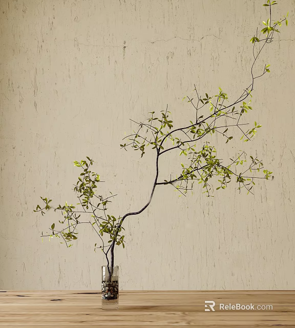 Decorative Green Leaf Branch In Glass Vase For Home Interior Wall Decor 3d model 