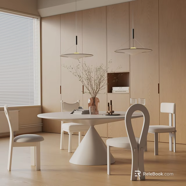 Modern Dining Table Set With Round Table White Chairs Hanging Pendant Lights And Vase 3d model