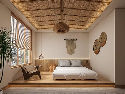 Hotel Guest Room With Woven Straw Ceiling Wooden Windows White Bed And Woven Wall Decor 3d model