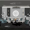 Elegant Modern Living Room Interior With Chandelier Decorative Mirror Sofa And Coffee Table