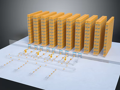 Yellow Multi Story Industrial Buildings Arranged In Rows With Track System And Storage Setup 3d model