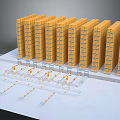 Yellow Multi Story Industrial Buildings Arranged In Rows With Track System And Storage Setup