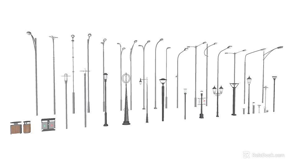 Various Outdoor Lights Featuring Different Pole Designs And Styles For Street And Garden 3d model 