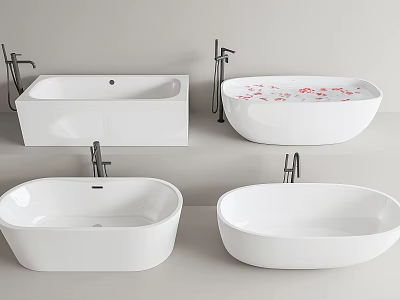 White Bathtubs In Various Shapes With Modern Design And Red Petals 3d model