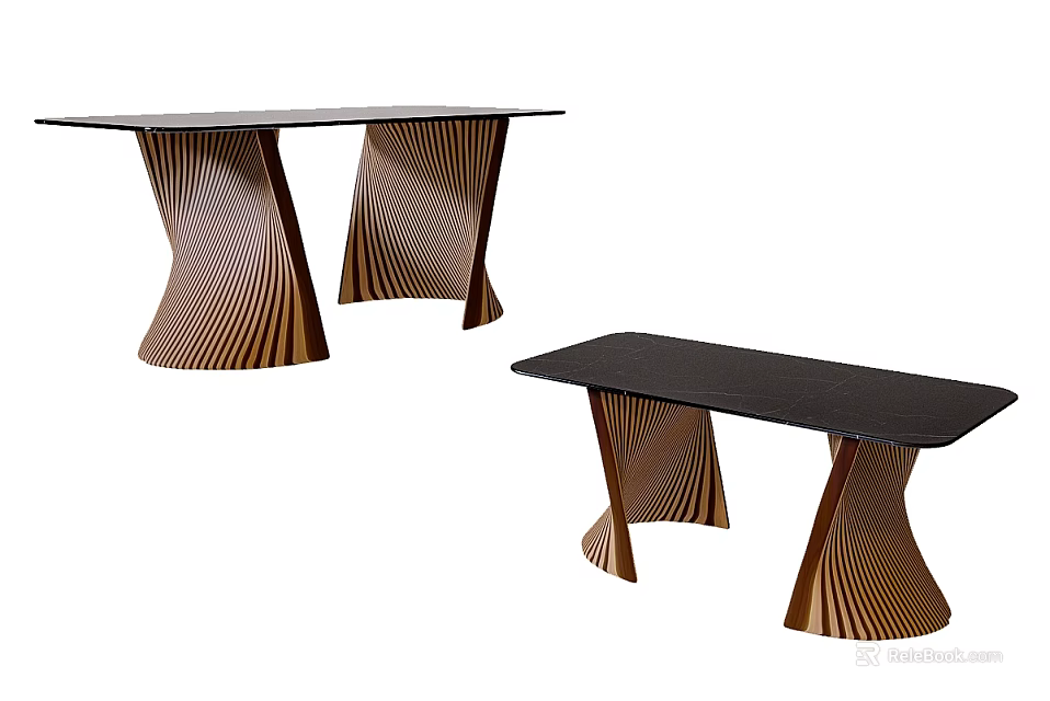 Modern Dining Table With Black Tabletop And Artistic Curved Wooden Legs Design 3d model 