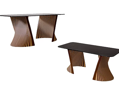 Modern Dining Table With Black Tabletop And Artistic Curved Wooden Legs Design 3d model