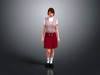 Woman Standing in Pink Vest White Shirt Red Skirt White Socks and Black Shoes 3d model