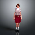 Woman Standing in Pink Vest White Shirt Red Skirt White Socks and Black Shoes