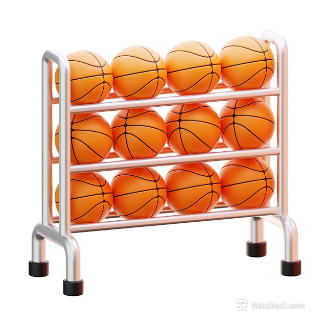 Sports Equipment Basketball Rack With Silver Frame Three Layers And Twelve Orange Basketballs 3d model 