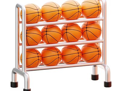 Sports Equipment Basketball Rack With Silver Frame Three Layers And Twelve Orange Basketballs 3d model