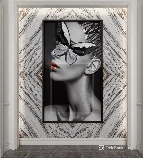 Modern Portrait Painting With Butterfly Decor On Face And Marble Background 3d model 