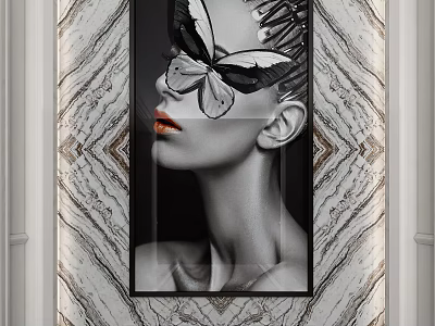 Modern Portrait Painting With Butterfly Decor On Face And Marble Background 3d model