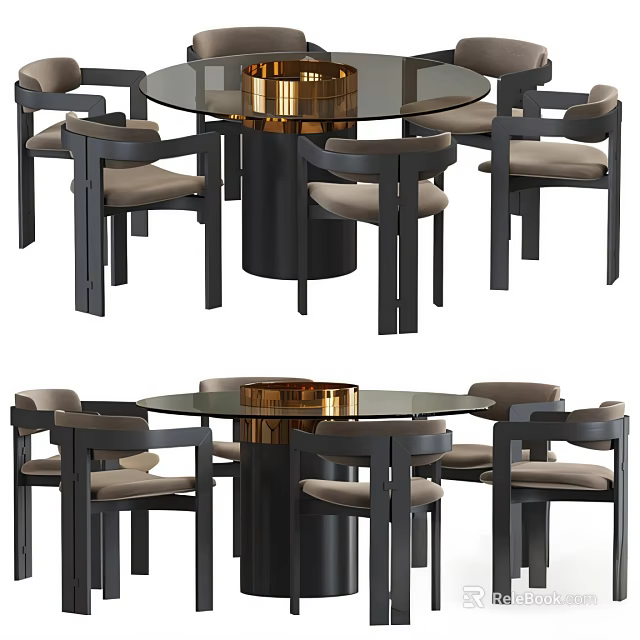 Modern Dining Table Set With Round Glass Top Gold Base And Upholstered Chairs 3d model 