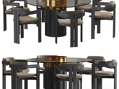 Modern Dining Table Set With Round Glass Top Gold Base And Upholstered Chairs 3d model