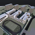 Modern School Building With Geometric Staircases White Brown Facade And Outdoor Lawn Area