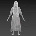Horror Game Movie Character with Long Black Hair Gray Bloodstained Dress Back View